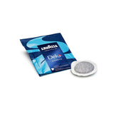 Lavazza Dek 108 Decaffeinated ESE Coffee Paper Pods - Right-Tilted Visible Paper Pod and Individually Wrapped Pod