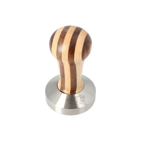 The Motta Striped Wooden Coffee Tamper (58mm, flat base). Featuring an ergonomic striped wood handle and flat stainless steel base.