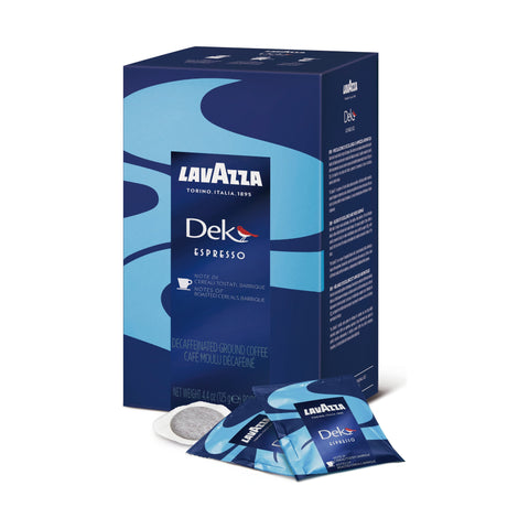 Lavazza Dek 54 Decaffeinated ESE Coffee Paper Pods - Right-Tilted Pack With Visible Paper Pod and Individually Wrapped Pods