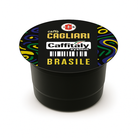 Caffitaly coffee capsule with 'Caffe Cagliari Brasile' writing 
