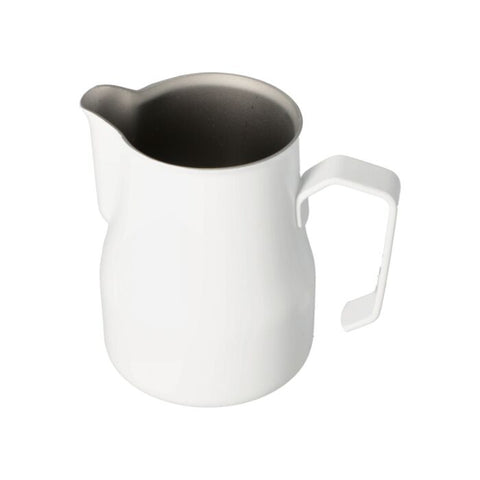 White Motta 350ml stainless steel milk jug with straight sides and Teflon-coated interior.