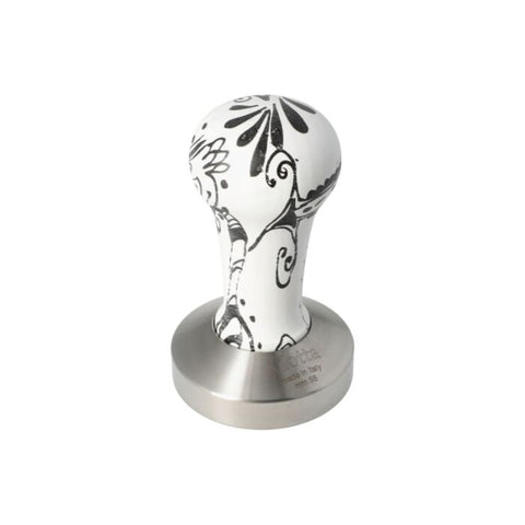 Motta 58mm coffee tamper with flat base and black & white wooden handle, designed for precise espresso tamping and elegant countertop display.