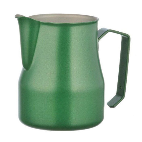 Metallurgica Motta green stainless steel milk jug with straight sides and Teflon-coated interior.