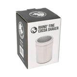 RhinoWares stainless steel cocoa shaker with coarse mesh screw-top lid and durable single-mold body. Boxed