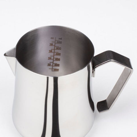 Motta 350ml silver Tulip milk jug with bell-shaped body, etched internal measurements, Classic-style spout, and Europa handle.
