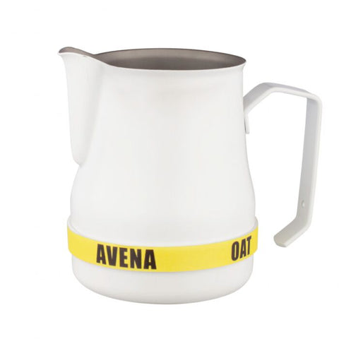 Motta silicone milk ID bracelet for 500ml jugs, labeled “Oat” in English & Italian. Snap-on design for quick, clear milk identification. 