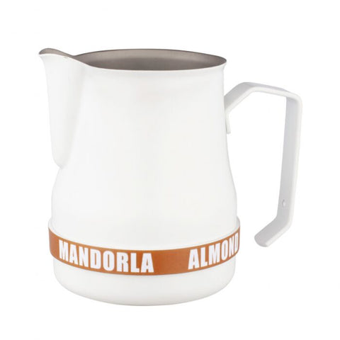 Motta silicone milk ID bracelet for 500ml jugs, labeled “Almond” in English & Italian. Snap-on design for quick, clear milk identification. 