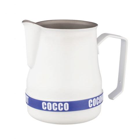 Motta silicone milk ID bracelet for 500ml jugs, labeled “coconut” in English & Italian. - Blue and white. Snap-on design for quick, clear milk identification. 