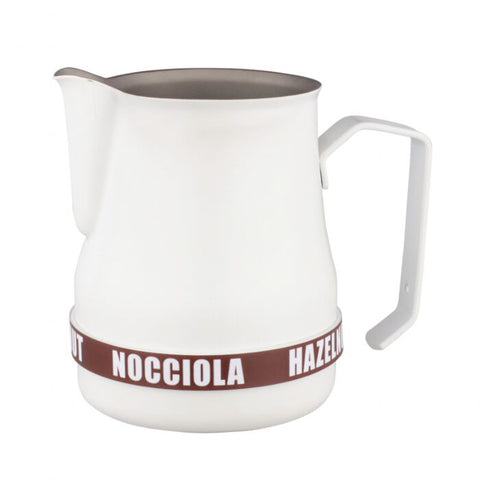 Motta silicone milk ID bracelet for 500ml jugs, labeled “Hazelnut” in English & Italian. Snap-on design for quick, clear milk identification. 