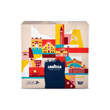 Lavazza Blue coffee package with colorful architectural illustrations 