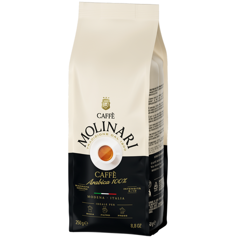 Caffè Molinari 100% Arabica ground coffee bag on a white background