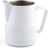 White Motta Europa stainless steel milk jug with straight sides and Teflon-coated interior.