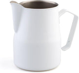 White Motta stainless steel milk jug with straight sides and Teflon-coated interior.