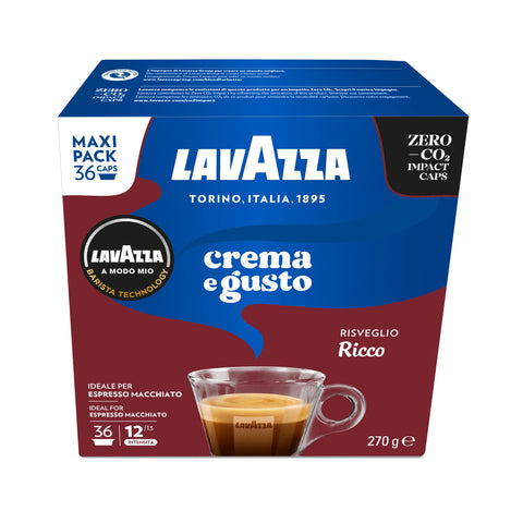 Lavazza A Modo Mio Crema e Gusto Ricco Coffee Capsules (2 Packs of 36) Front-Facing Packet